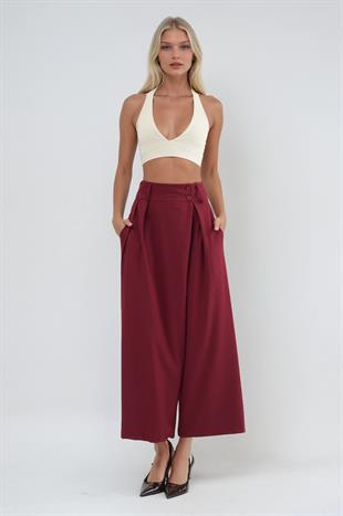 Pileli Yüksek Bel Wide Leg Pantolon   0121