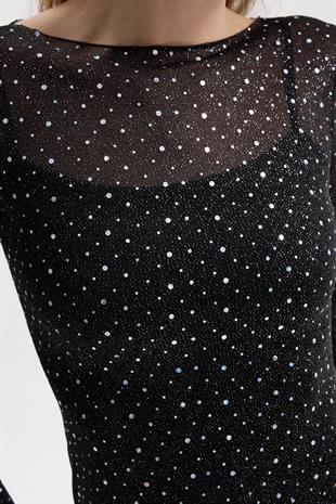 Pul Baskılı ve Astarlı Mini Tül Elbise 2965