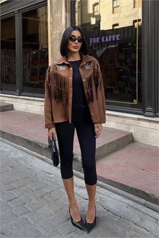 Püskül ve Taş Nakışlı Süet Ceket   6216
