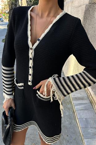 Triko Kolları Püsküllü Düğmeli Elbise 2849 R3-J-K3
