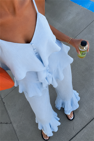 Volan Detaylı Askılı Bluz Geniş Paça Pantolon Takım 10343