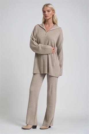 Zip Yaka Uzun Triko Tunik & Bol Paça Pantolon Takım 10318