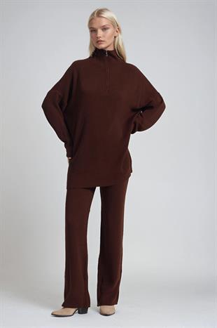 Zip Yaka Uzun Triko Tunik & Bol Paça Pantolon Takım 10318