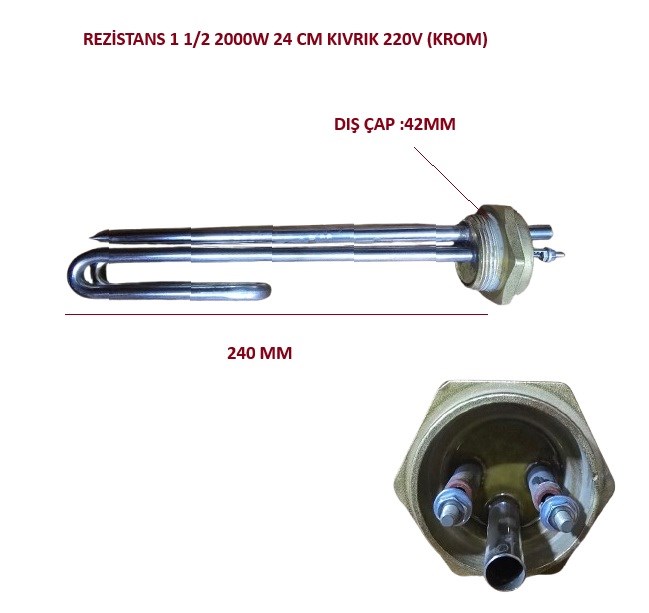 REZİSTANS 1 1/2 2000W 24 CM KIVRIK 220V (KROM) M1210