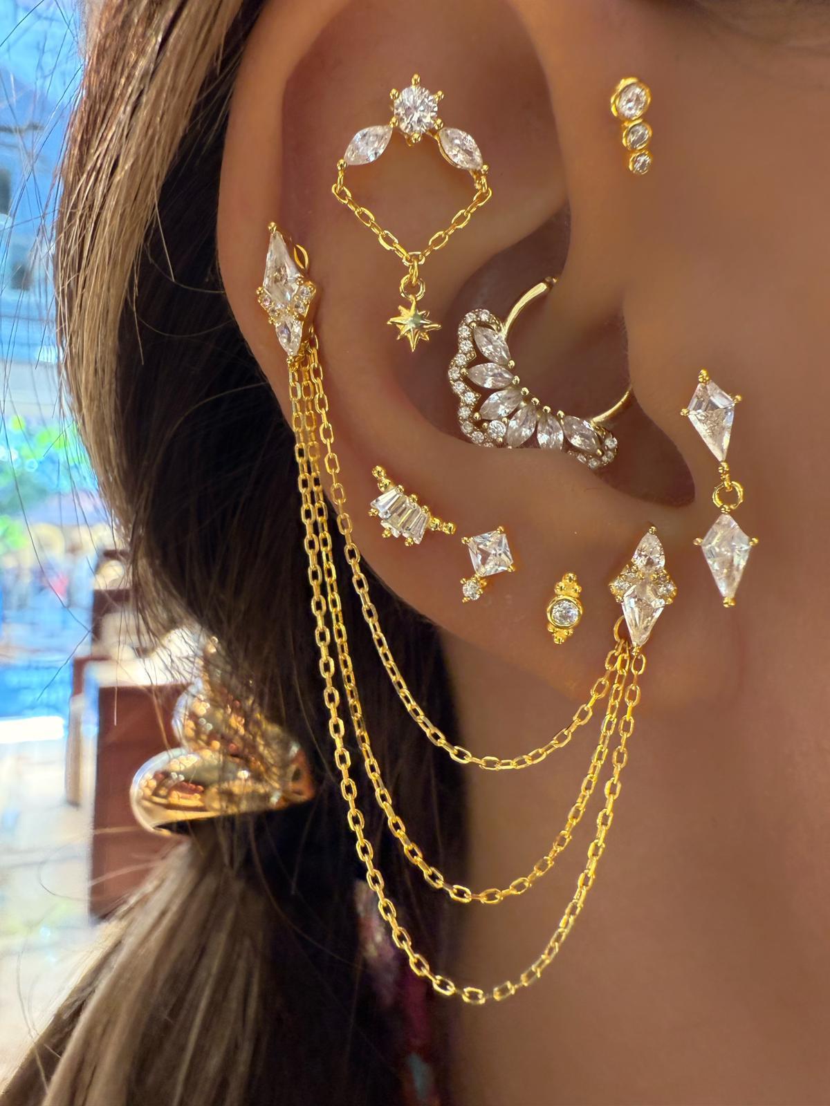 PaizGold Üç Zincirli Taşlı Küpe