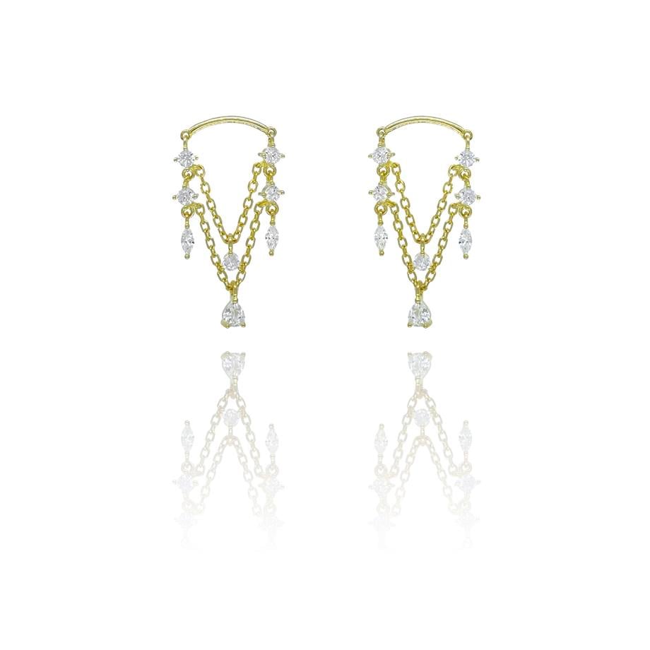Paizİthal Taşlı Zincirli Gold Küpe 