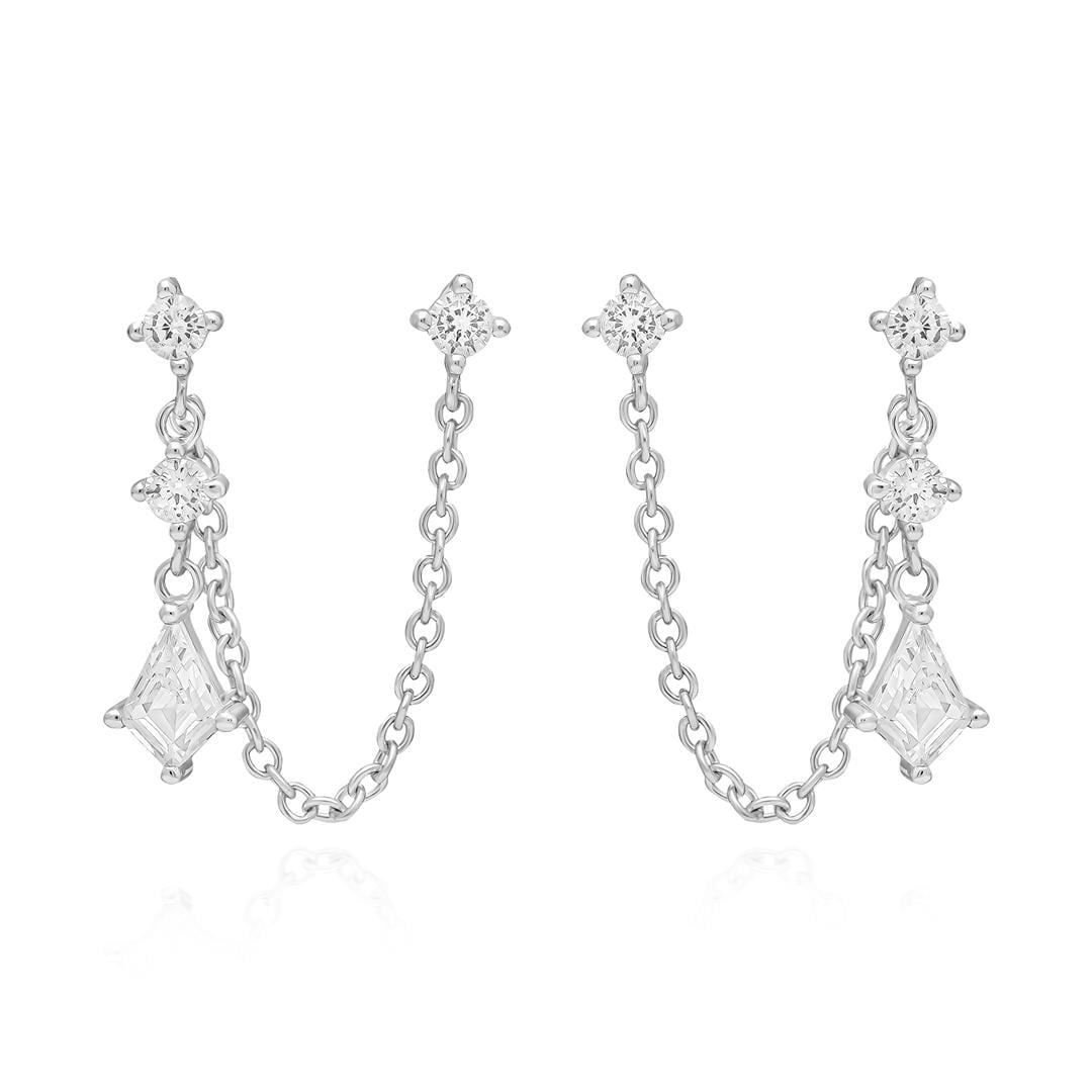 PaizSilver Karo Taşlı Zincirli Küpe