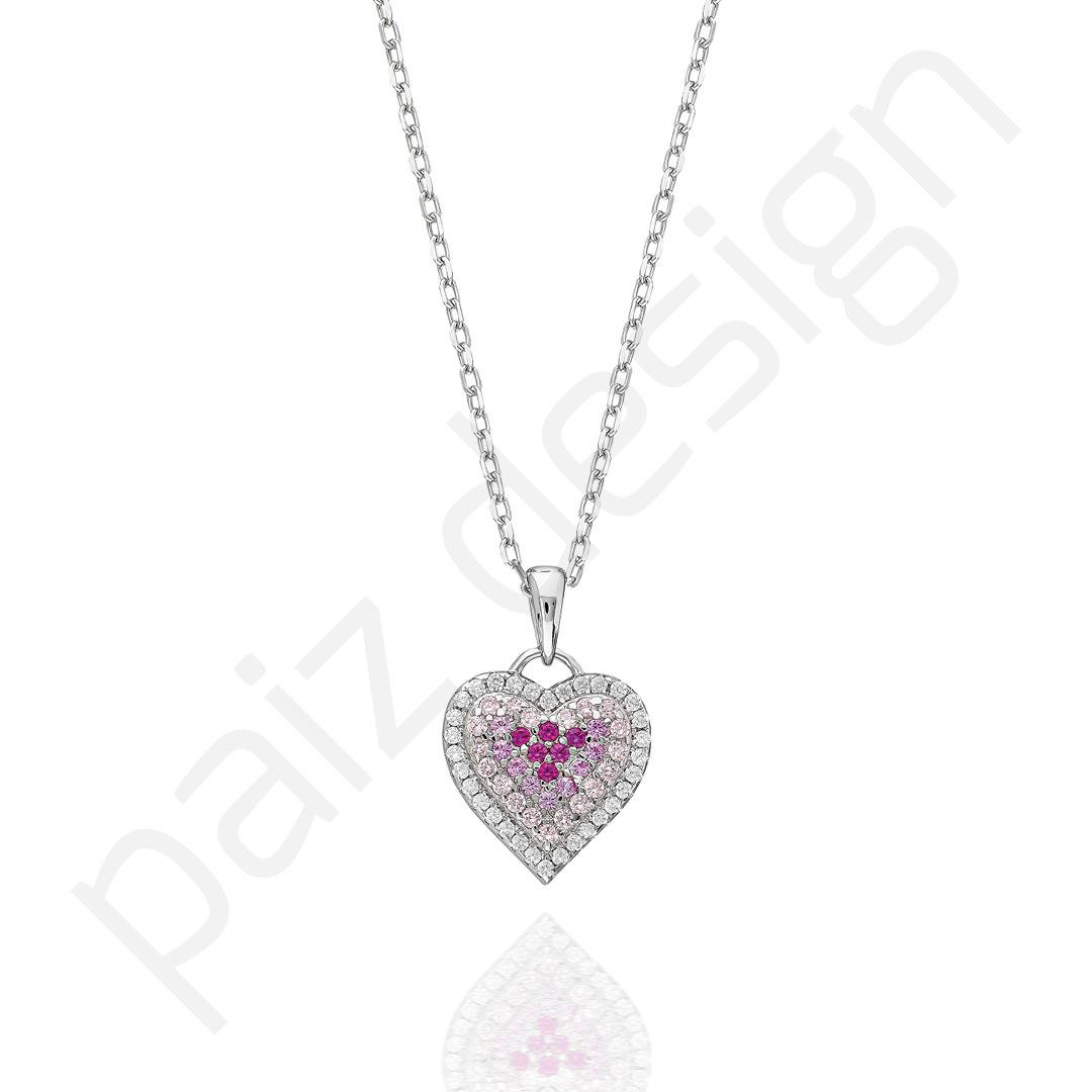 PaizSilver Pembe Taşlı Kalp Kolye 