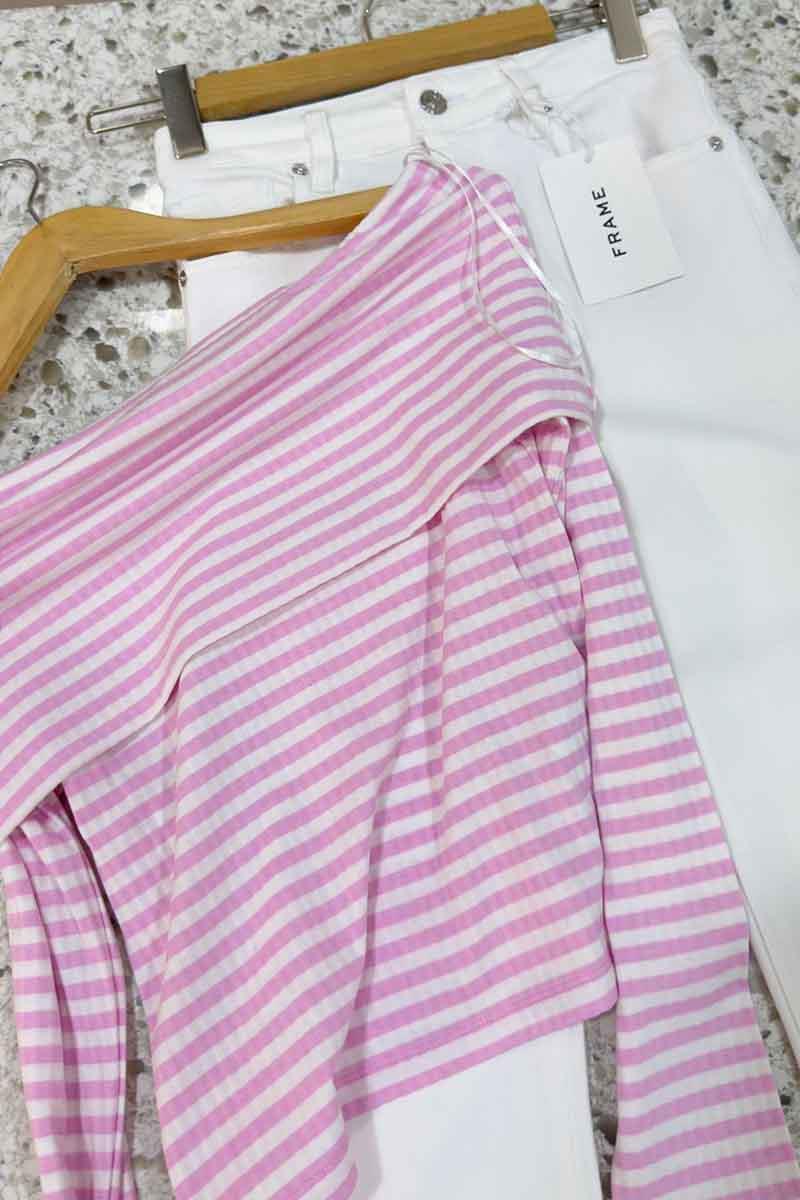 K2589 PIE.CES PEMBE ÇİZGİLİ MADONNA YAKA BLUZ