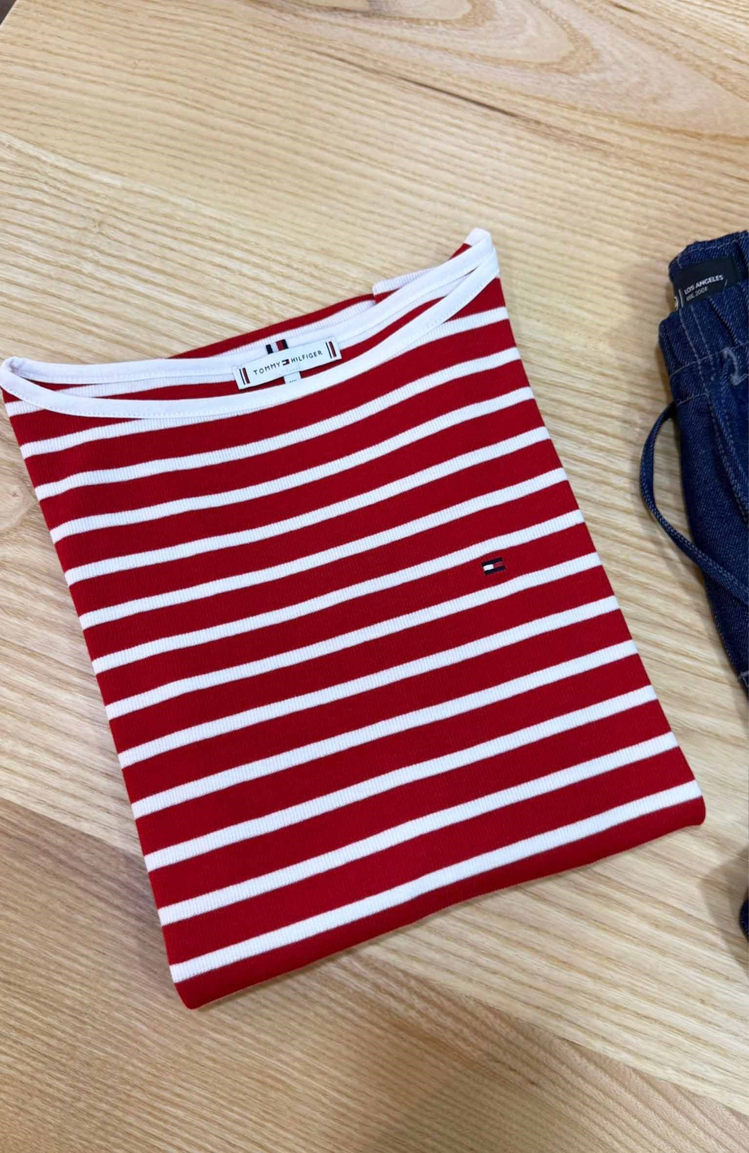 K3845 TM KIRMIZI/BEYAZ ÇİZGİLİ 1/3 KOL T-SHIRT