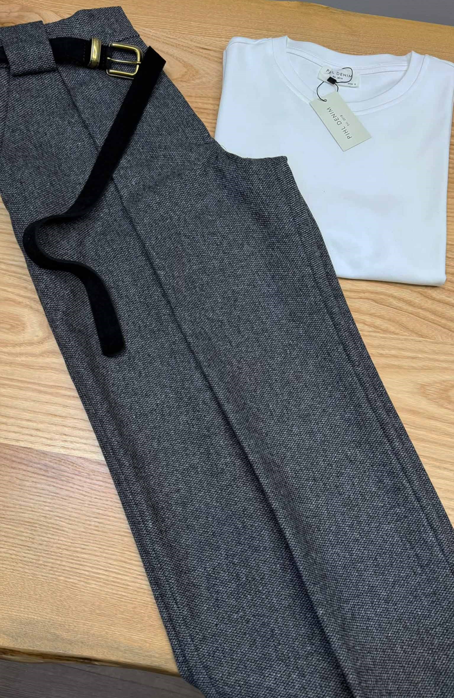 K4780 YÜN KARIŞIMLI GRİ GENİŞ PAÇA CROP PANTOLON