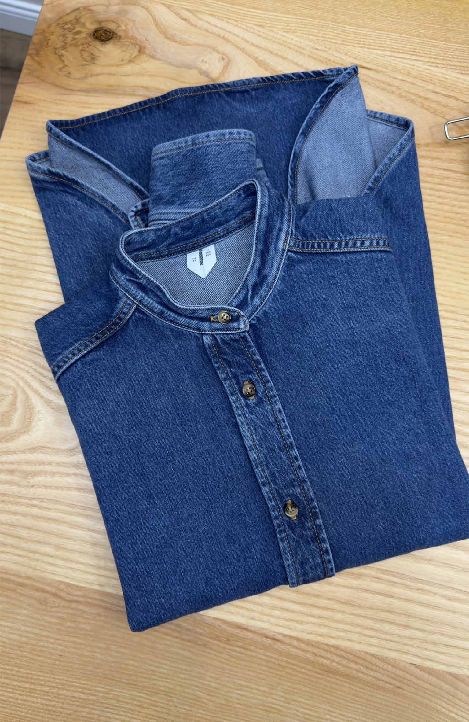 K4793 ARKT OVERSIZE KEMİK DÜĞMELİ MAVİ DENİM GÖMLEK