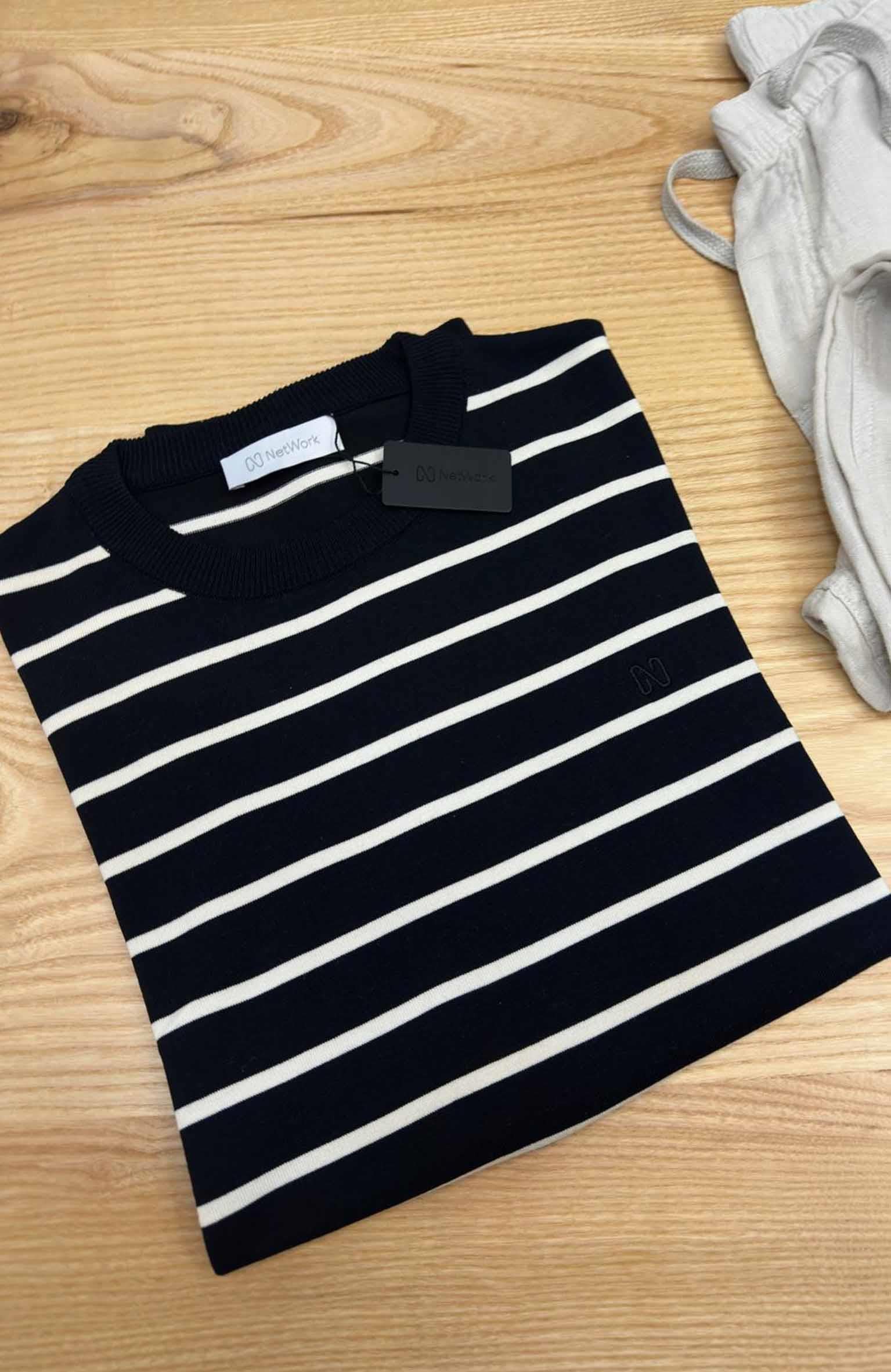 MEN1468 N.WRK EKRU ÇİZGİLİ SİYAH TRİKO T-SHIRT