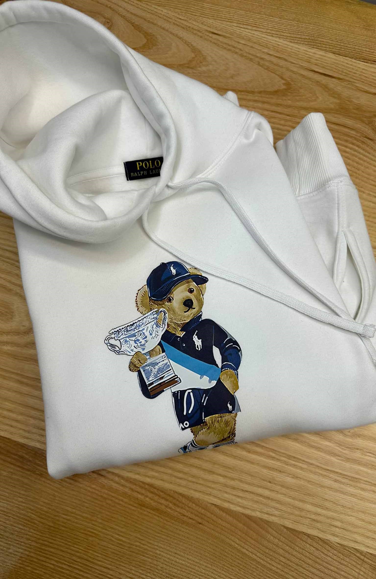 MEN2295 BEAR BASKILI KAPÜŞONLU BEYAZ SWEAT