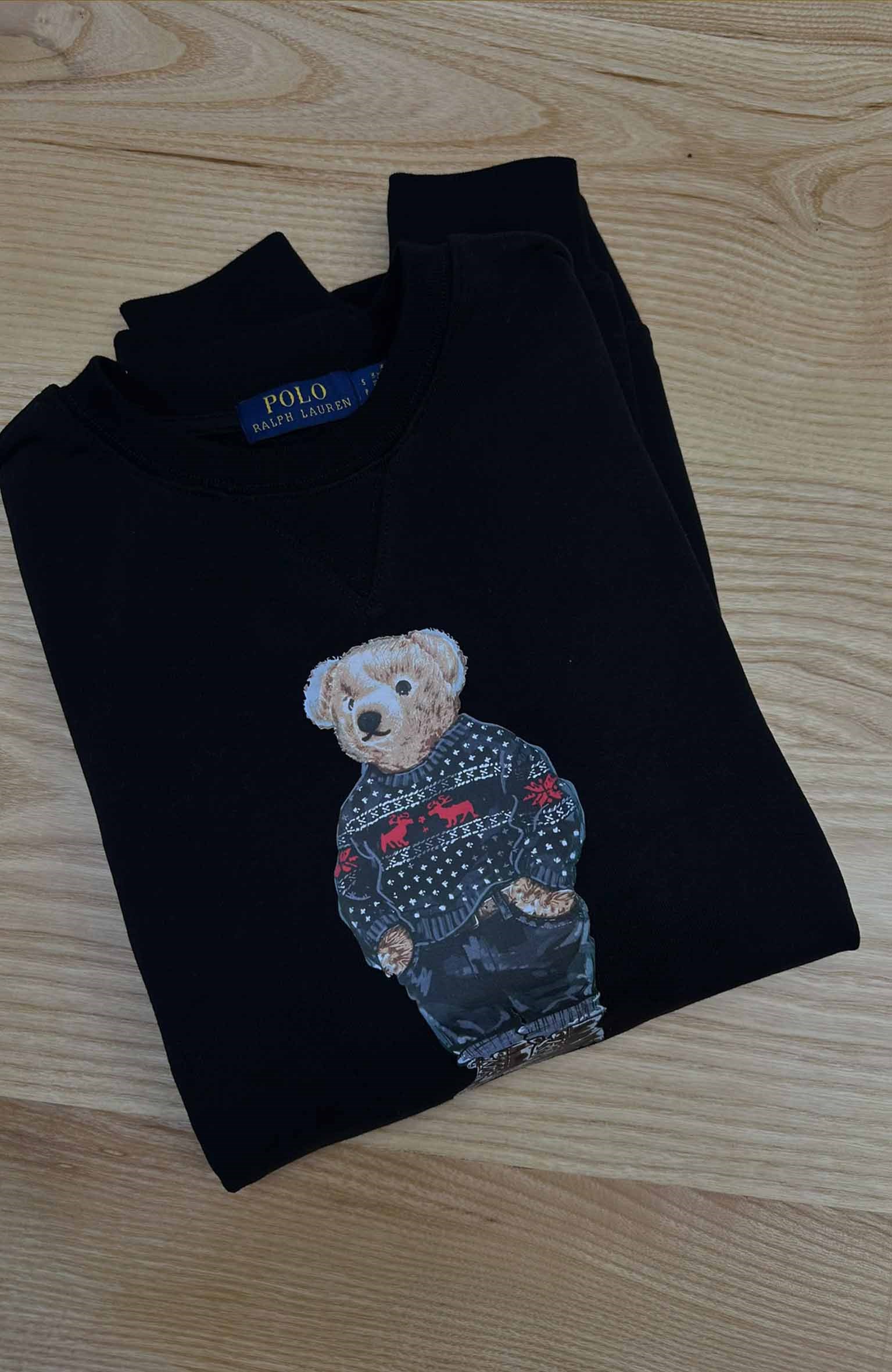 MEN2301 BEAR BASKILI BİSİKLET YAKA SİYAH SWEAT