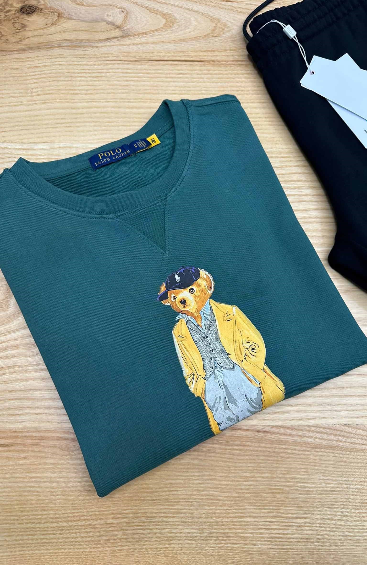 MEN2328  BEAR BASKILI BİSİKLET YAKA YEŞİL SWEAT