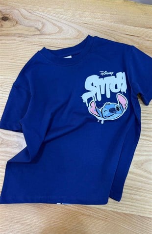 C2404 STITCH ÖN/ARKA BASKILI LACİVERT T-SHIRT