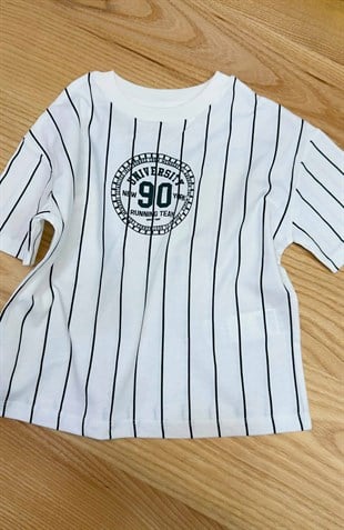 C2462 KI.ABI ÖN/ARKA BASKILI YEŞİL ÇİZGİLİ BEYAZ T-SHIRT