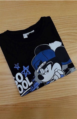 C2495 MICKEY BASKILI SİYAH T-SHIRT