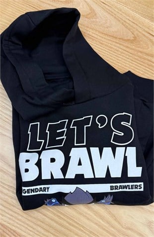 C2864 BRAWLES BASKILI KAPÜŞONLU SİYAH SWEAT