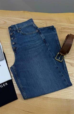 K3824 PRL ÖNDEN DÜĞMELİ MAVİ CROP JEAN
