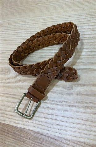 K3983 PİRİNÇ TOKA DETAYLI ÖRGÜ HAKİKİ DERİ TABA KEMER