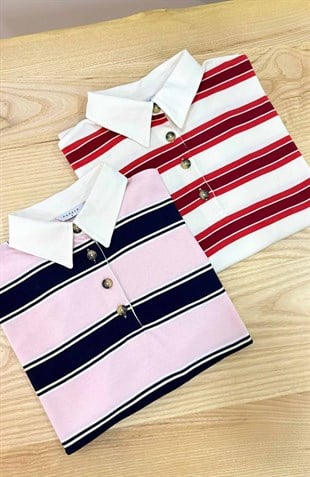 K4039 KEMİK DÜĞMELİ POLO YAKA ÇİZGİLİ T-SHIRT