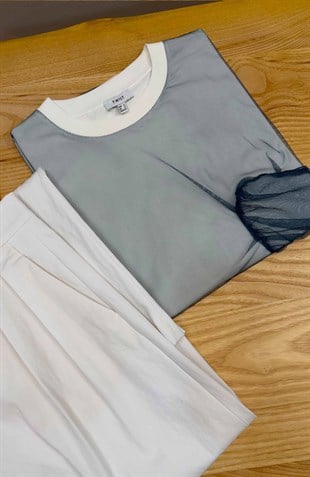 K4267 TW TÜL DETAYLI EKRU T-SHIRT