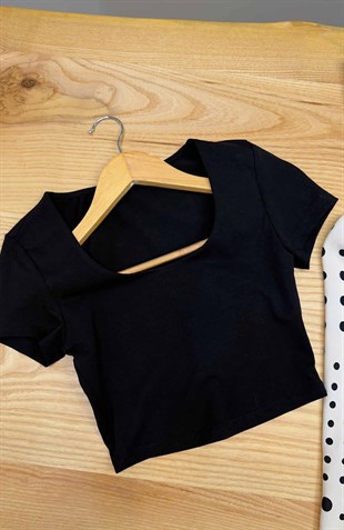 K4330 PAMUKLU SİYAH CROP T-SHIRT