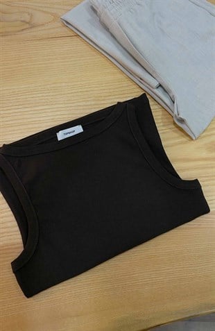 K4353 TPSHP YAKA DETAYLI FİTİLLİ ACI KAHVE ATLET