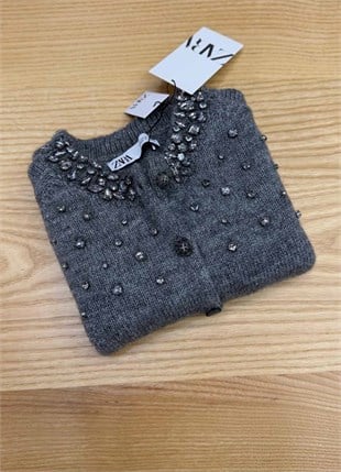 K4587 TAŞ DETAYLI GRİ KISA KOL HIRKA