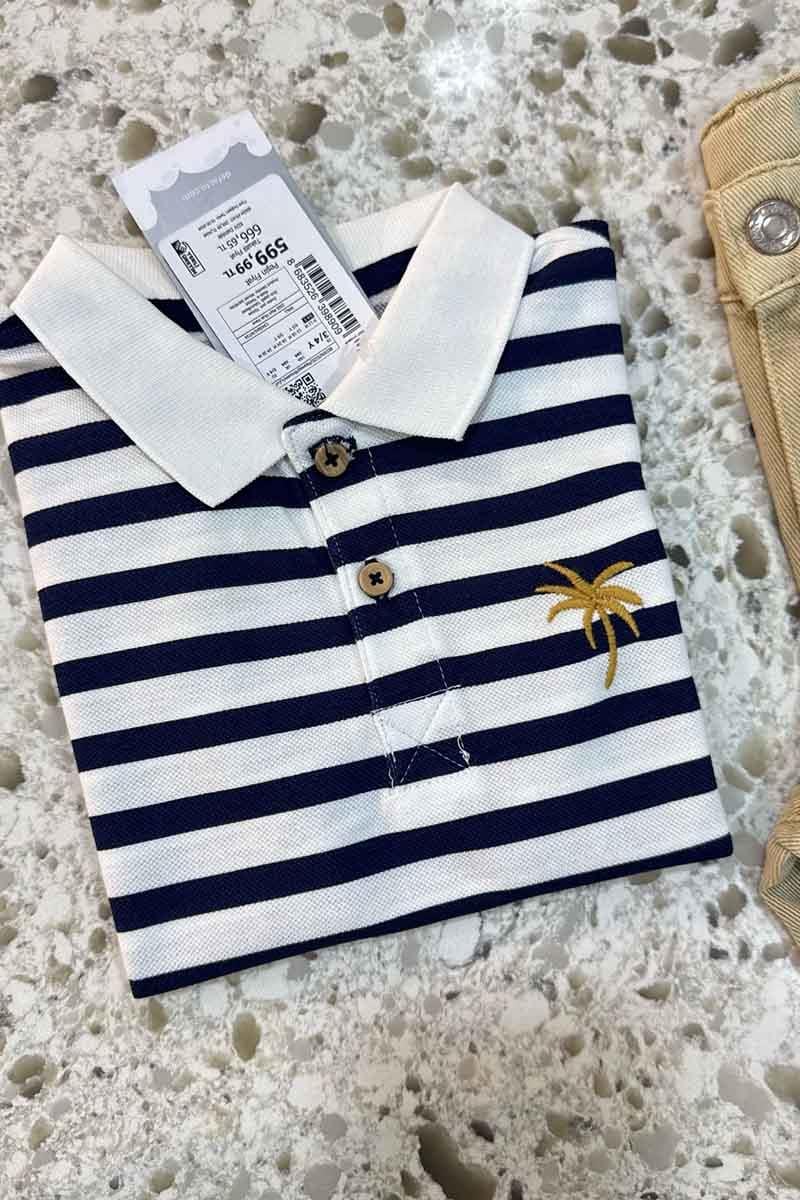 C1437 PALMİYE NAKIŞLI ÇİZGİLİ POLO T-SHIRT
