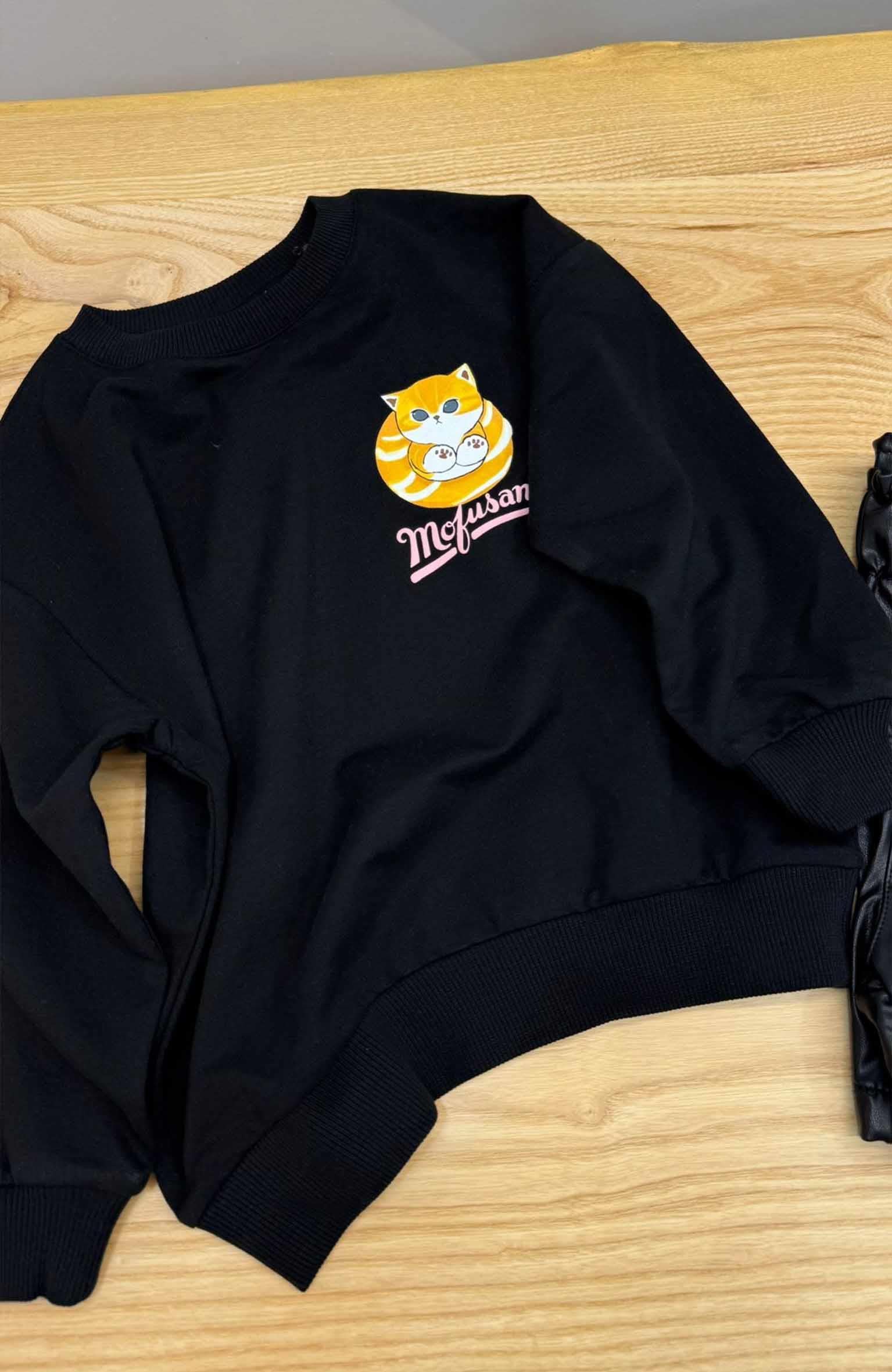 C2032 KEDİ SIRT BASKI DETAYLI SİYAH SWEAT