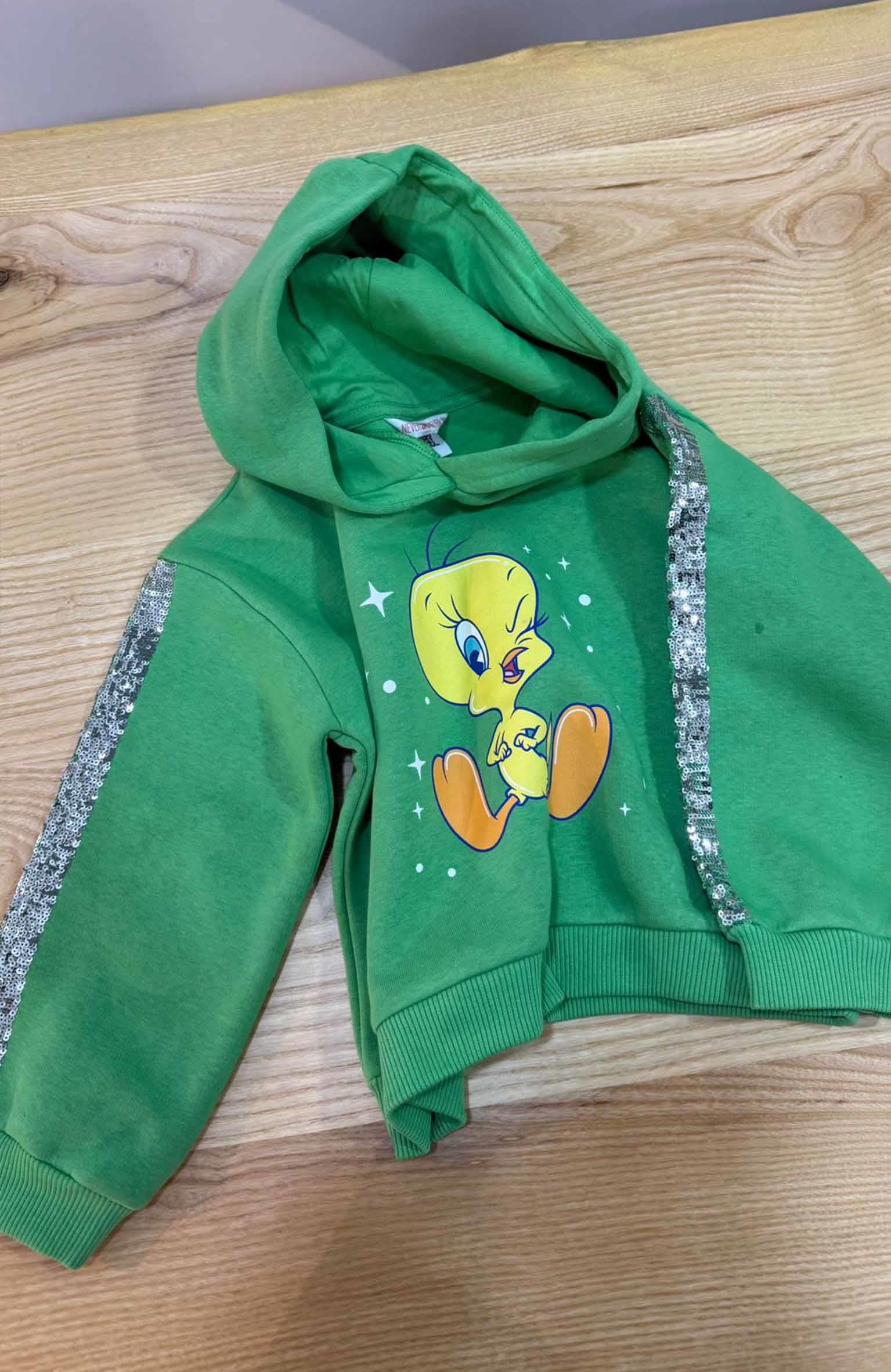 C2040 TWEETY BASKILI KAPÜŞONLU YEŞİL ŞARDONLU SWEAT