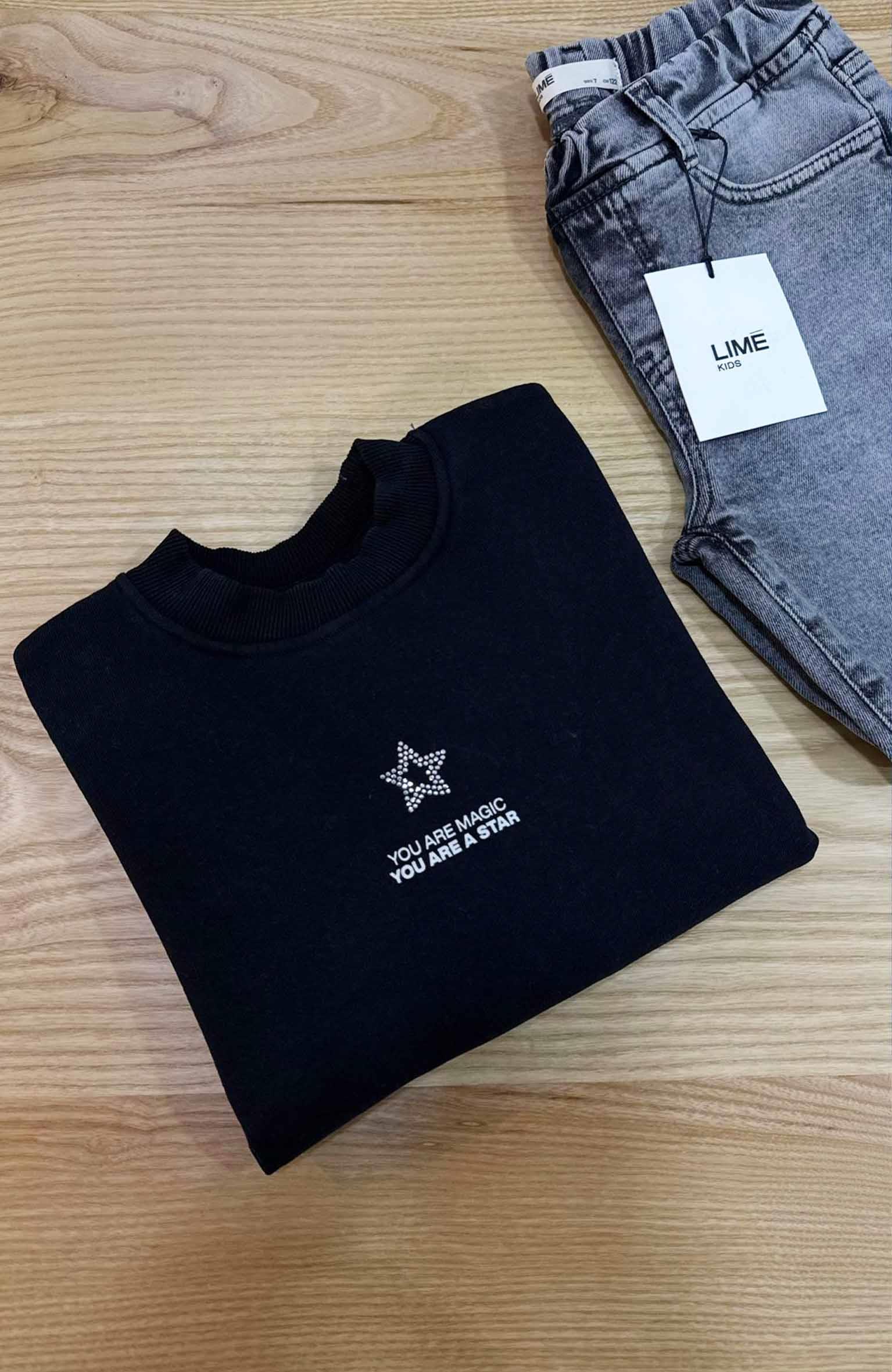 C2088 YILDIZ TAŞ BASKILI SİYAH ŞARDONLU SWEAT