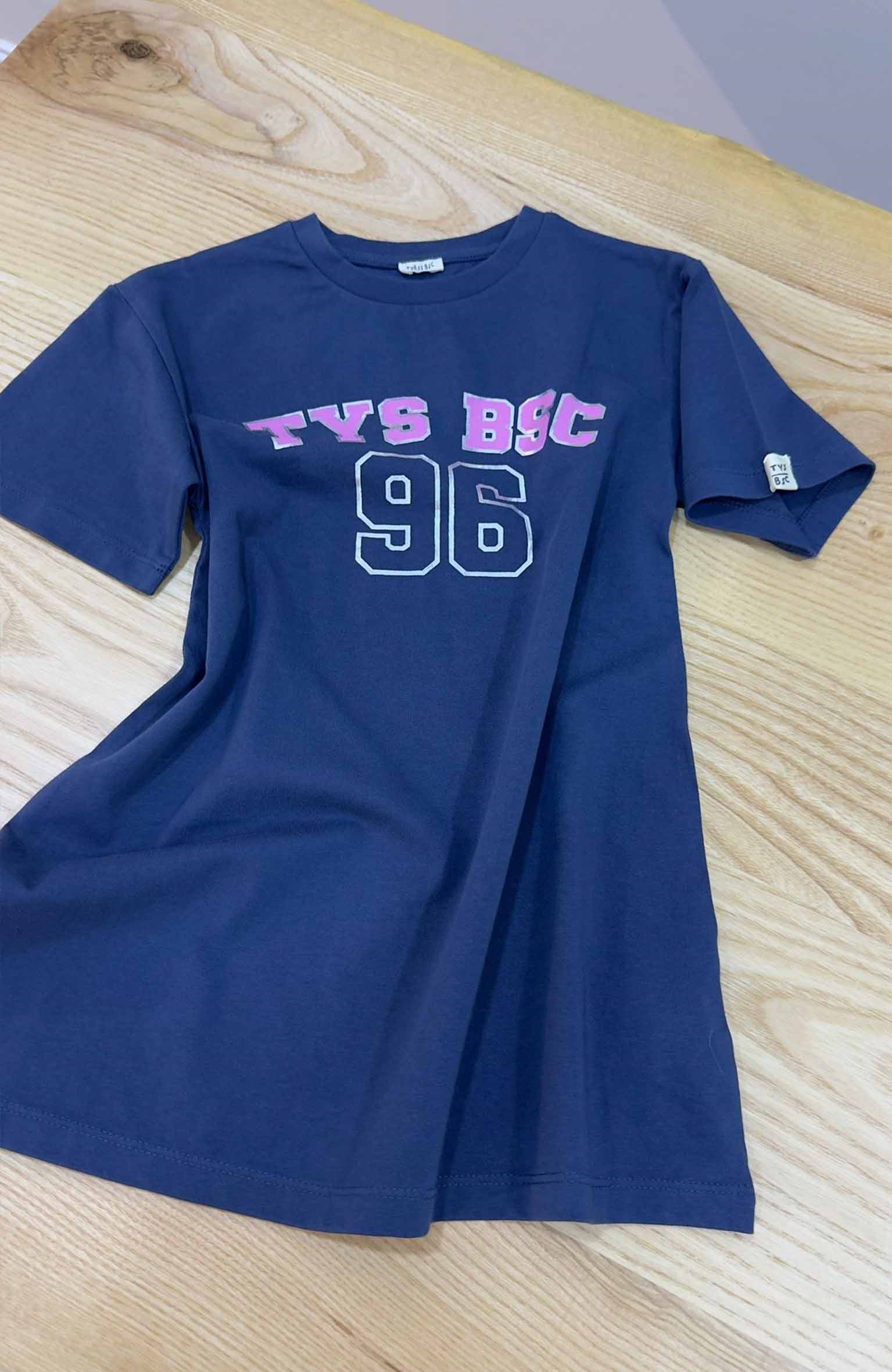 C2339 TYS BASKILI LACİVERT T-SHIRT ELBİSE