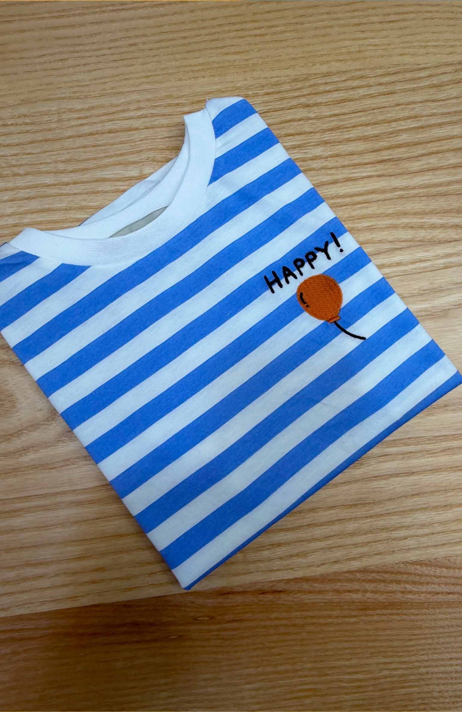 C2485 HAPPY NAKIŞLI MAVİ ÇİZGİLİ T-SHIRT