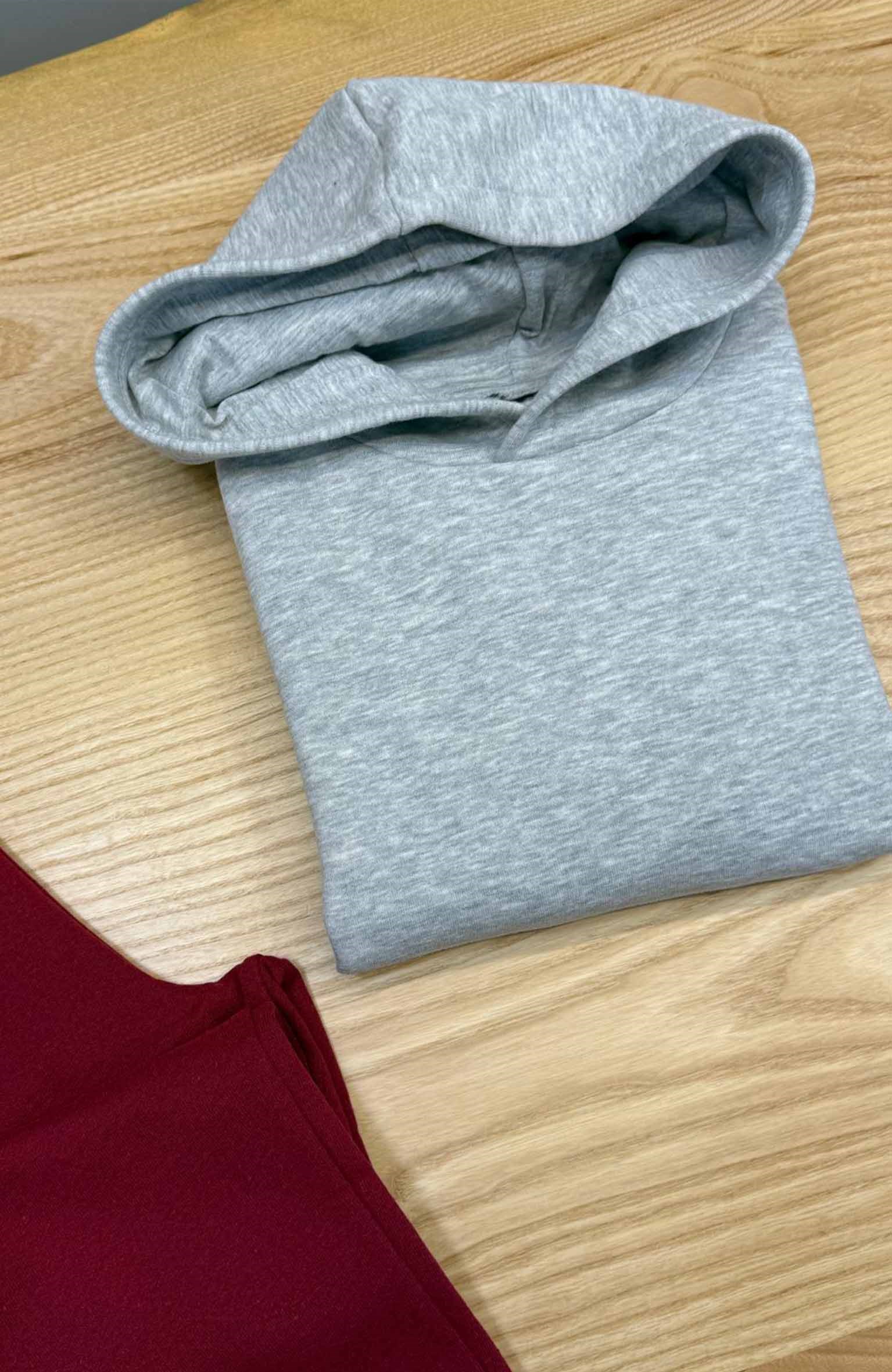 C2839 SIRT BASKI DETAYLI GRİ KAPÜŞONLU SWEAT