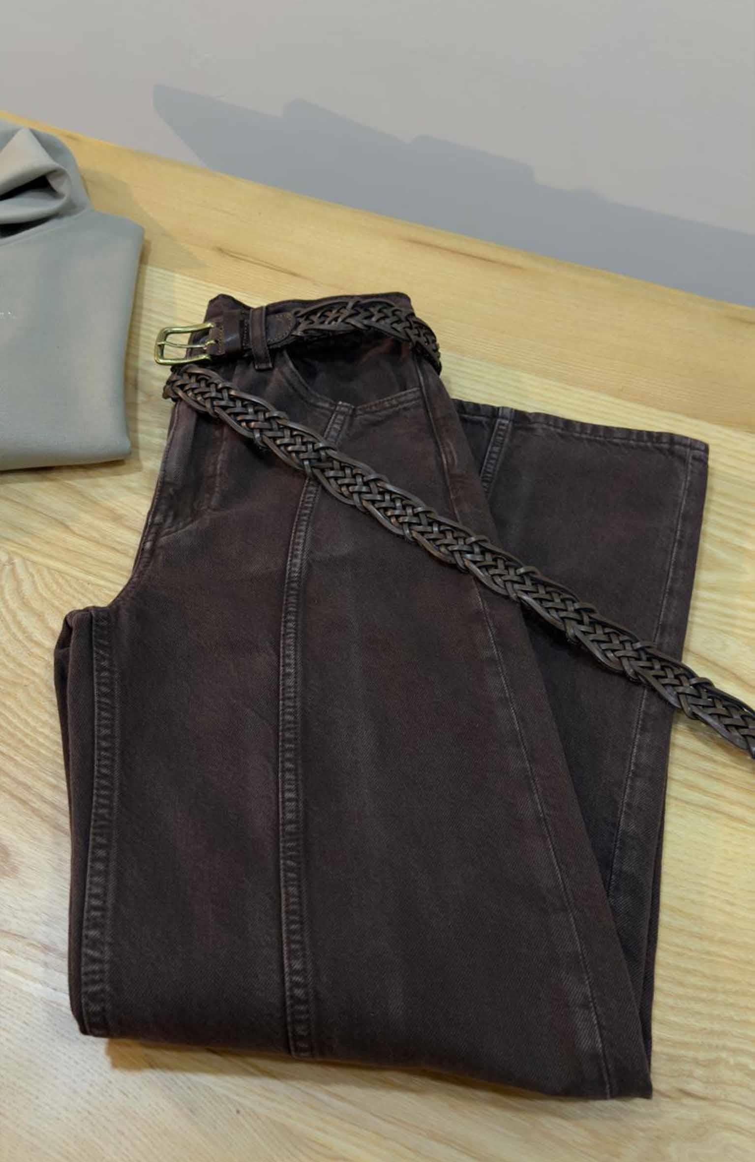 K3035 ARKT ÖNDEN DİKİŞ DETAYLI YIKAMALI KAHVERENGİ PANTOLON
