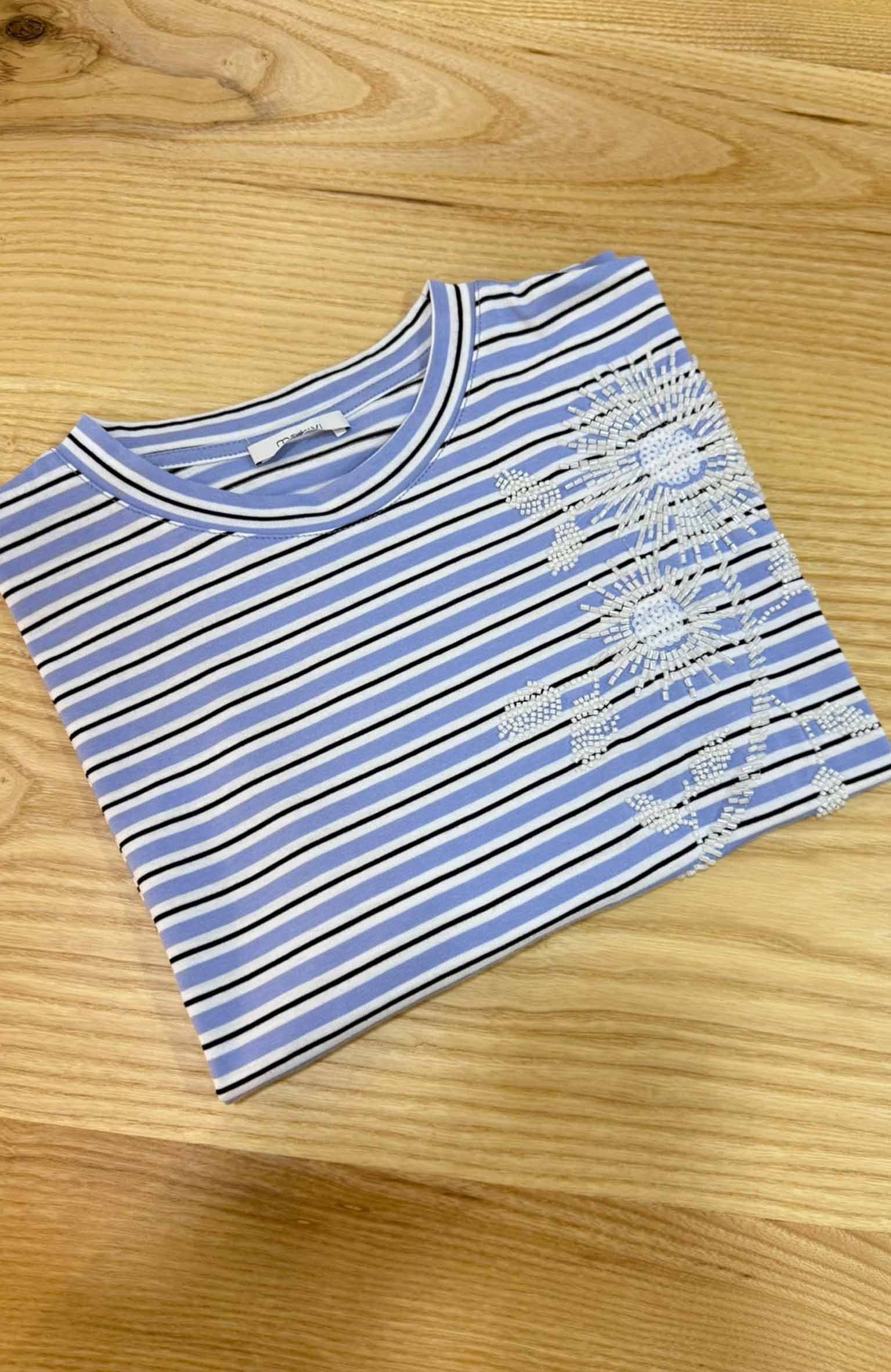 K3655 EL İŞİ DETAYLI ÇİZGİLİ MAVİ T-SHIRT