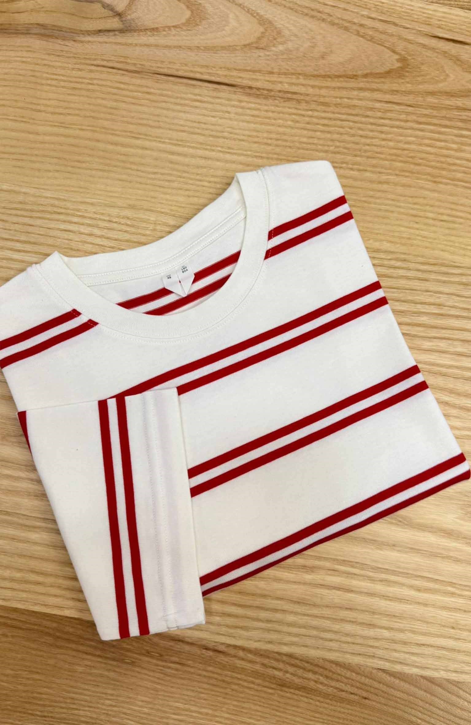 K3696 ARKT KIRMIZI ÇİZGİLİ EKRU T-SHIRT