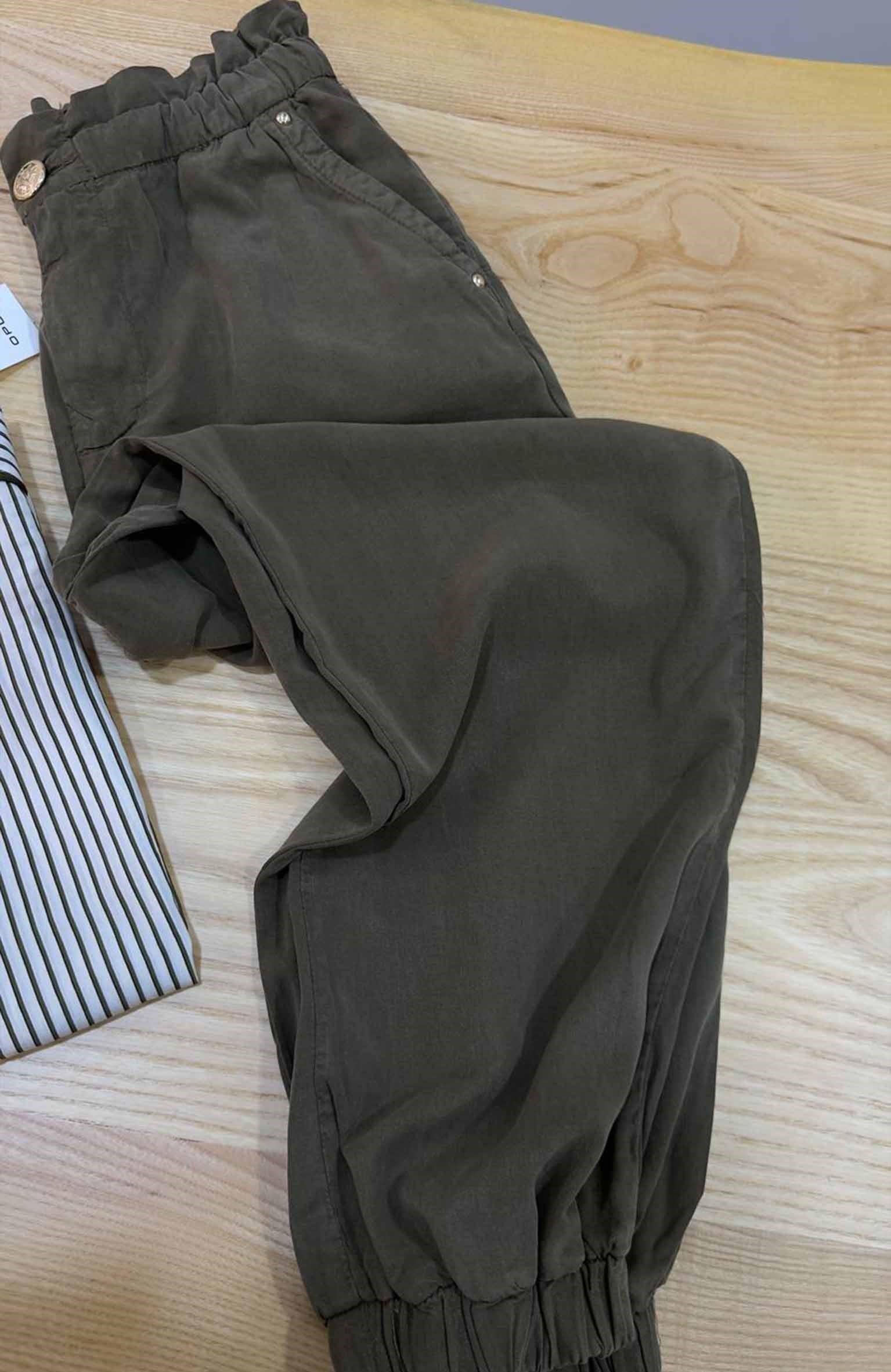 K3895 PAÇASI LASTİK DETAYLI HAKİ TENCEL PANTOLON