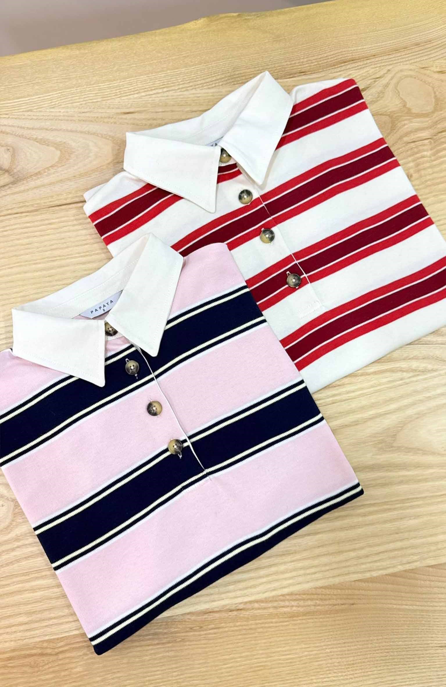 K4039 KEMİK DÜĞMELİ POLO YAKA ÇİZGİLİ T-SHIRT