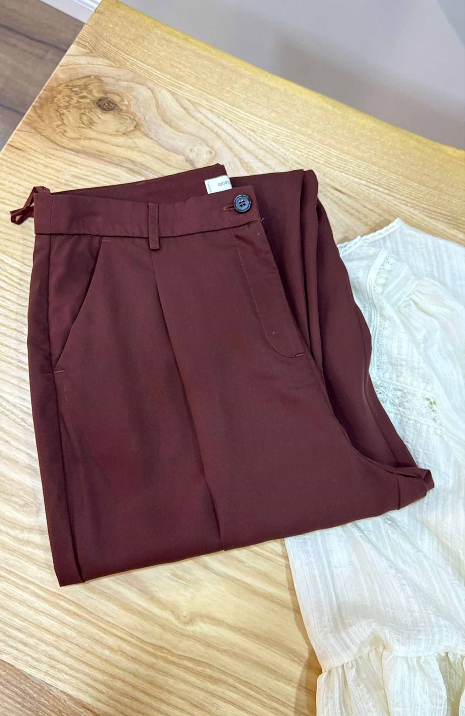 K4089 Y.C PİLE DETAYLI KIZIL KAHVE KUMAŞ PANTOLON