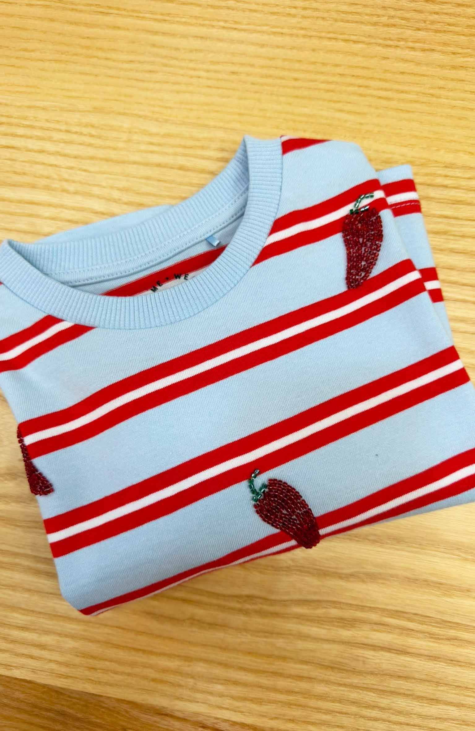 K4438 BİBER BONCUK İŞLEMELİ ŞERİTLİ T-SHIRT