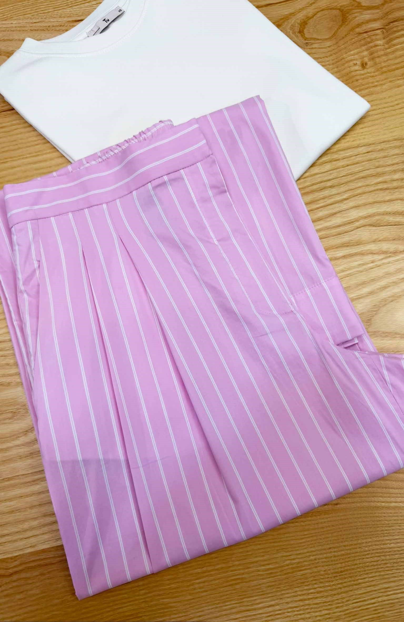 K4447 ÇİZGİLİ PEMBE POPLİN PANTOLON