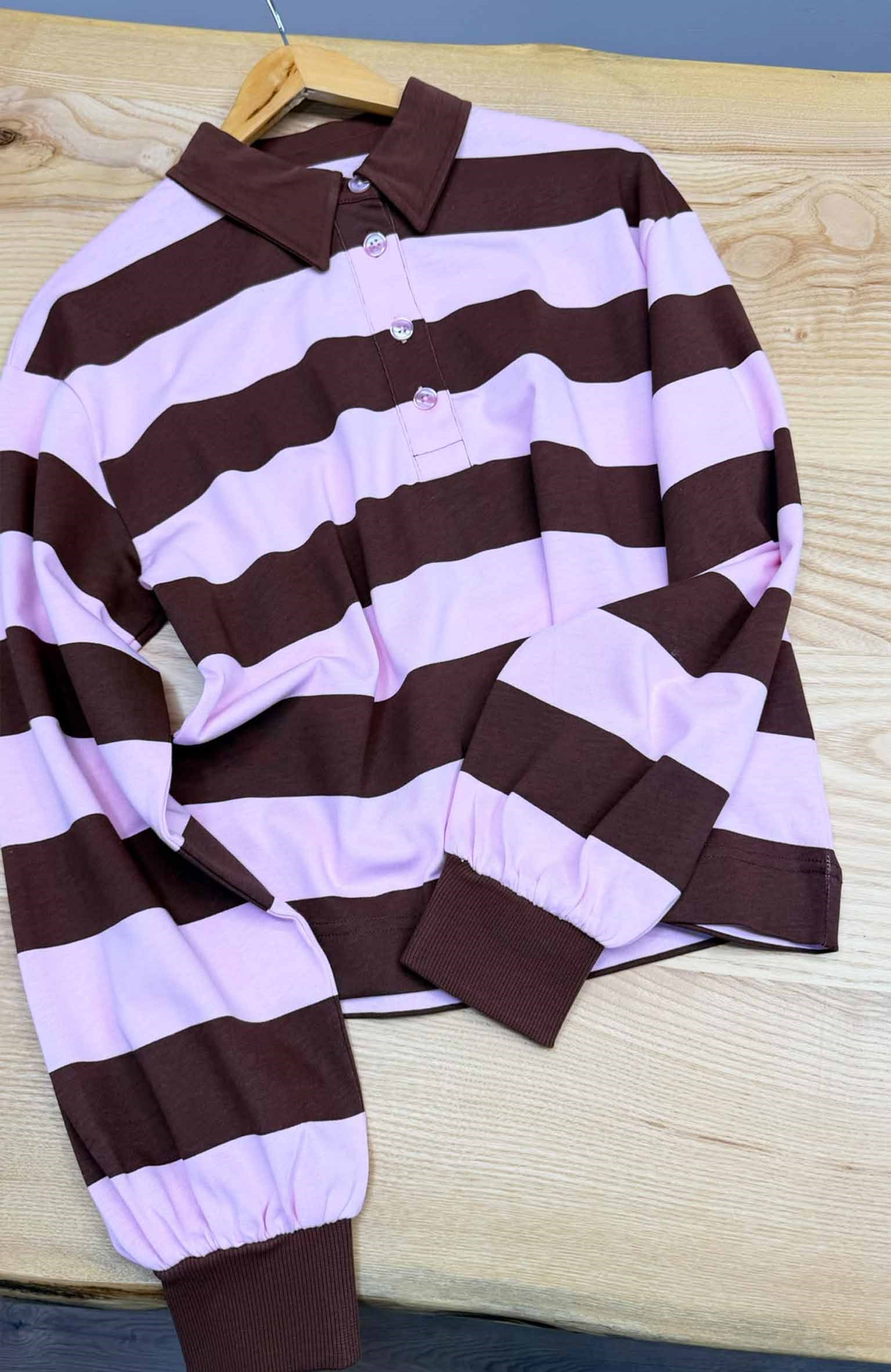 K4711 POLO YAKA PEMBE/KAHVE ÇİZGİLİ UZUN KOL T-SHIRT