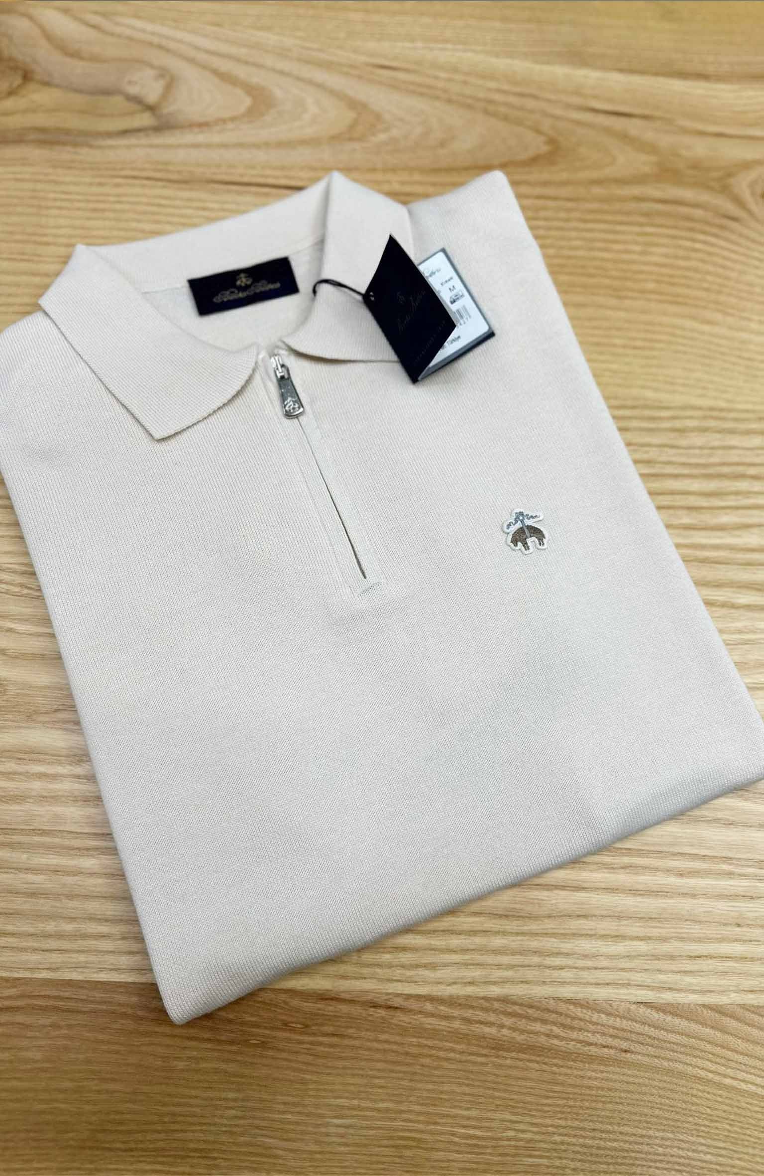 MEN1532 B&B YARIM FERMUARLI KREM TRİKO T-SHIRT