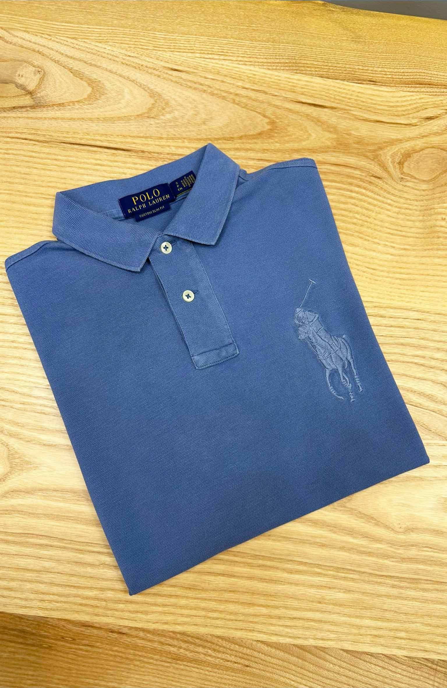MEN1595 PRL BÜYÜK LOGOLU YIKAMALI MAVİ POLO T-SHIRT