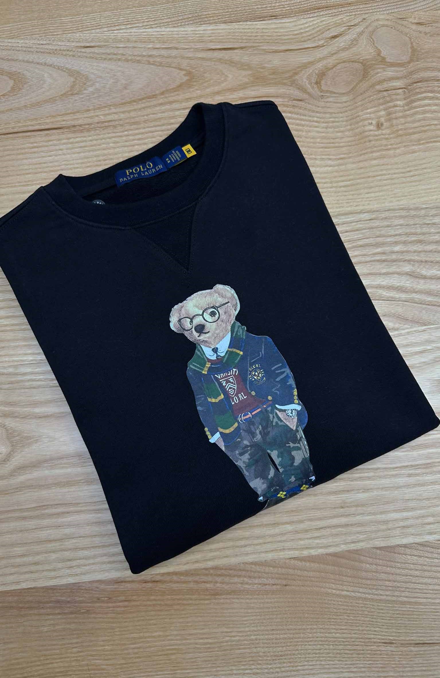 MEN2296 BEAR BASKILI BİSİKLET YAKA SİYAH SWEAT